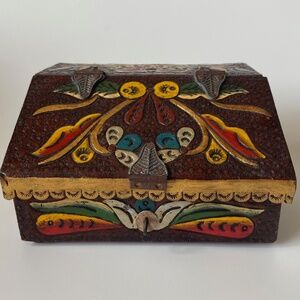 Vintage TOOLED LEATHER BOX with Drawers Leather on Wood Hand Painted Rare